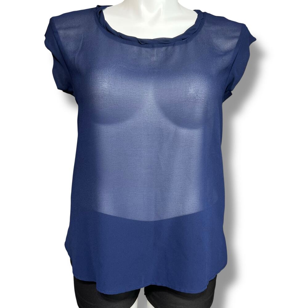 Spense Womens Sheer Blouse Shirt Top Cap Sleeve Round Neck Pullover Blue Large